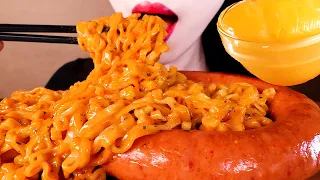 ASMR CHEESY CARBO FIRE NOODLES, KIELBASA SAUSAGE, CHEESE SAUCE eating sounds MUKBANG까르보불닭,킬바사,치즈소스먹방