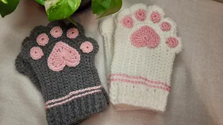 كروشيه كفوف القطة بشرح مفصل crochet cat paw cloves