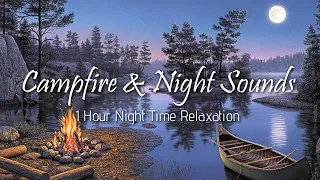 🔥🌙 Lakeside Campfire with Relaxing Nature Night Sounds 🎵 Night Ambient Sounds, Crickets, & Owls 🦗🦉