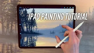 IPAD PAINTING TUTORIAL - Lake and trees landscape art in Procreate