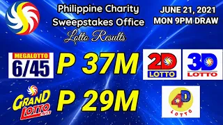 Daily Lotto Result | June 21, 2021 9PM MON PCSO 6/45, 6/55, 2D, 3D, 4D Lotto DRAW RESULTS