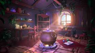 🔮🌛WITCH'S ROOM AMBIENCE: Bubbling Cauldron, Potions, Fire, Crunchy Sounds, Halloween Ghost Whisper