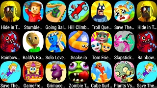 Plants Vs Zombies 2,Stumble Guys,Grimace Survival Master,Save The Doge,Rainbow Garten Survivor,Snake