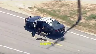 Mans fatal jump out of stolen CHP Cruiser going 45mph (FOX11/ABC7 LIVE POLICE CHASE)