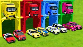 TRANSPORTING ALL POLICE CARS and AMBULANCE EMERGENCY VEHICLES WITH MERCEDES ELECTRIC TRUCKS ! FS22