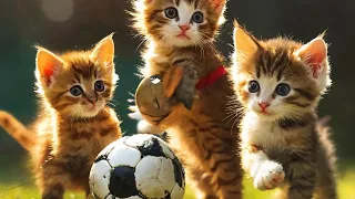 The beautiful kittens are playing soccer in uniforms.