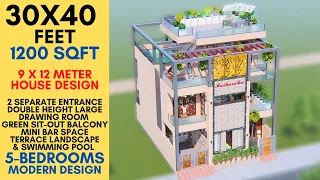 30X40 Feet, 1200 Sqft House Design with 2 Entrance, Shaded Terrace Louvered | 9X12 Meter | ID-081