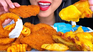 ASMR EATING SPICY FRIED CHICKEN CHEESY POTATO WEDGES ONION RINGS 먹방 MUKBANG Eating Sounds NO TALKING