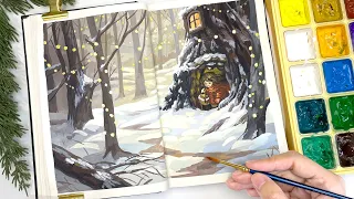 Cozy Art Video / Winter Gouache Painting / Paint with Me / Landscape Painting with Gouache ❄️☃️