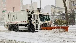 DSNY PLOWING STREETS DURING MAJOR WINTER STORM ORLENA ON UPPER WEST SIDE OF MANHATTAN, NEW YORK CITY