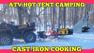 Hot Tent ATV Camping, cast-iron cooking in the woods.