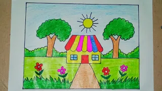 Easy House Drawing 🏡Painting and colouring for kids and Toddlers 🏠Easy Drawings #house #drawing