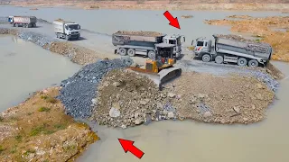 Great Techniques Build Road on Water by Skill Bulldozer Push Stone and Truck Unloading Stone Filling