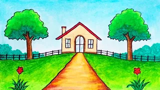 How to Draw Beautiful House and Garden | Easy Scenery Drawing