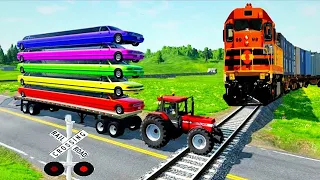 Double flatbed trailer truck Vs Speedbumps - Train vs long car's & Case Tractor - BeamNG.Drive #116