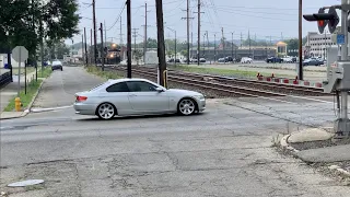 BMW Car Goes Around Gates With Train Coming!  Rest Of The Story & 1899 Rail In Use, 4 Trains, CSX NS