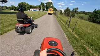 Big Red and the Custom Cruiser chase a school bus