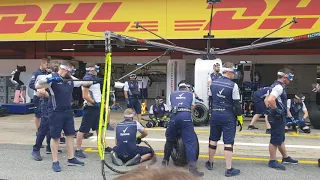 Williams F1 Team doing a pit stop practice with a 5 second penalty included