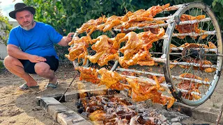 Disassembled The Bike For Such An Amazing Dish! Crispy Chicken On The Fire!