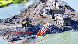 Part 488| Excellent SHACMAN Dump Truck & Bulldozer Actively Pushing Rock Into Water Deept 30M