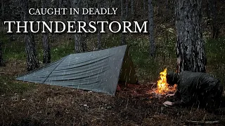 SOLO WINTER RAINSTORM OVERNIGHT - Tarp Survival Shelter in Heavy Rain Camping
