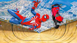 Spiderman vs Longest Ramp in GTA 5 - Spiderman GTA V Epic New Stunt Race For Bike Racing Challenge