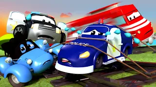 Tied to the TRAIN Tracks - The Car Patrol in Car City Police Car & Fire Truck Video for Kids