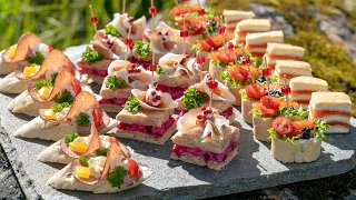 Canapes tricks for you! Mini sandwich, baguette baskets, square and tortilla with salmon