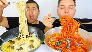 (Not For Kids) CREAMY SEAFOOD FETTUCCINE ALFREDO & PESTO PASTA NOODLES • Mukbang & Recipe