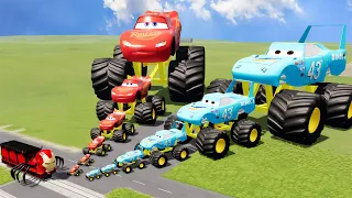 Big & Small King Dinoco vs Lightning Mcqueen Monster Trucks vs Choo-Choo Iron Man Train | BeamNG