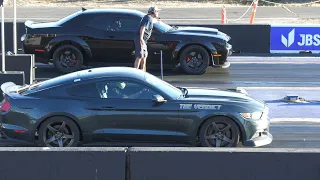 Dodge Demon vs Mustang GT and vs Corvette - drag racing