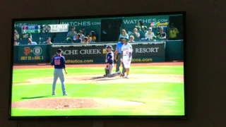 Oakland A's-seagull nearly hit by pitch