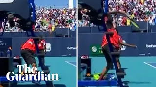 Nick Kyrgios loses his cool in angry confrontation with umpire and smashes racket