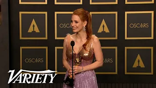 Jessica Chastain Best Actress Full Backstage Oscars Speech for 'The Eyes of Tammy Faye'