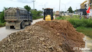 Part4 Updating Project The Best Team KOMATSU Bulldozer Pushing Stone & Soil Into Water Fill The Land