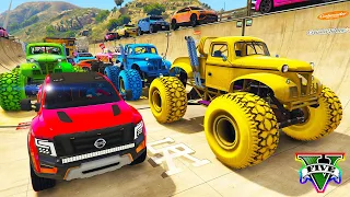 SPIDERMAN CARS Monster Trucks MEGA Ramp Challenge ! SUPERHERO HULK Motos JET SKI BIKE Race - GTA V