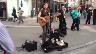 Clara with Guitar busking in Brussels, mid April 2016