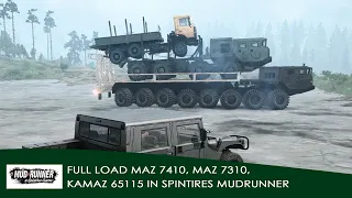 Full load MAZ 7410, 7310, KamAZ 65115 mods trucks in Spintires Mudrunner Gameplay Top power