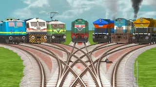 7 TRAINS CROSSING AT CURVED BUMPY BRANCHED RAILROAD TRACKS /Indian train simulator 2022