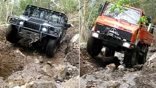 UNIMOG vs HUMMER Extreme OFFROAD testing the same STEEPY, MUDDY with BIG ROCKS HILL