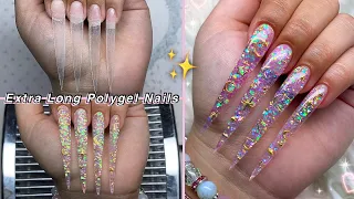 EXTRA LONG GLITTER POLYGEL NAILS✨ STILETTO NAILS & MOON CHARMS DESIGN | Nail Tutorial