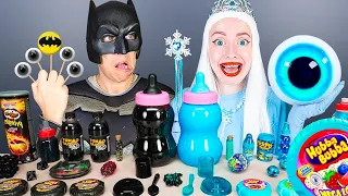 ASMR MUKBANG for Superheroes Color food challenge 블루 블랙 푸드 챌린지 Blue vs Black dessert KIKIMO