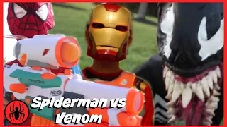 Spiderman vs Venom NERF WAR w iron man in real life comics! SuperHero Kids