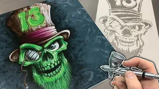 Airbrushing a Lucky 13 Skull using AirShot Stencils