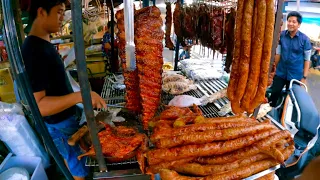 Popular Cambodian Street Food - Tasty Delicious Grilled Duck, Pigs intesting, Fish & Pork Rips