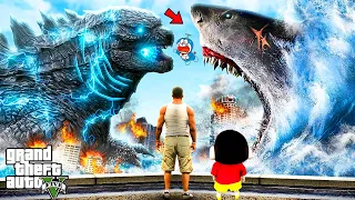 Franklin& ShinChan⚡Escaping From the Fight of Scary Megalodon Vs MegaGodzilla in Gta 5 Telugu