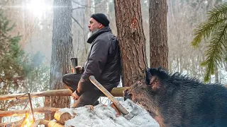 Ночёвка зимой в землянке с ДИКИМ КАБАНОМ вместо собаки | бушкрафт | bushcraft.