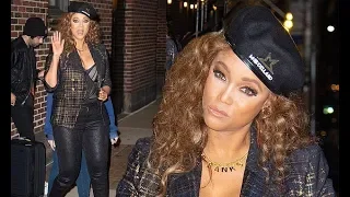 Tyra Banks flaunts cleavage in bustier top to promote theme park ModelLand on The Late Show in NYC