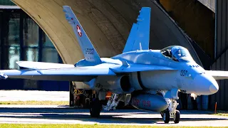 F/A-18 Hornets Scramble From Their Caverns in the Alps at Meiringen Air Base Switzerland [4K]