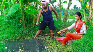 fishing video | how to catch fish in beautiful village pond fishing by village woman & man